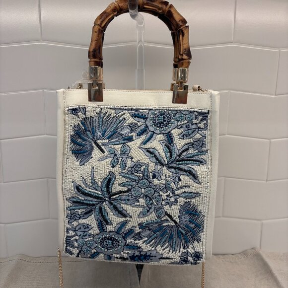 Viral Beaded Satchel bag w/ Bamboo Handles - Made in India - Blue and White - Picture 2 of 12